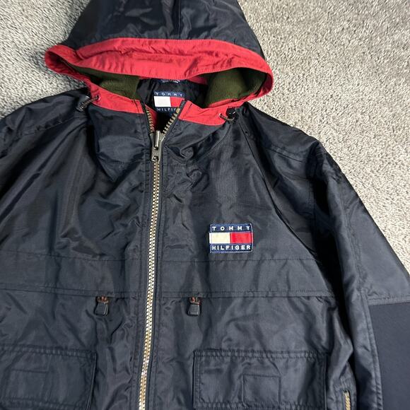 VINTAGE 90s Tommy Hilfiger Outdoors Rain Jacket Mens L Black Utility Expedition - Picture 3 of 9